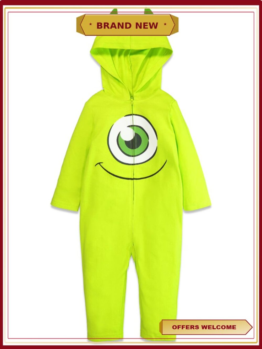 Disney Monsters Inc Mike Wazowski Toddler Cosplay Hooded One Piece Costume 2T